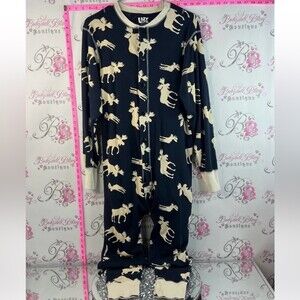 Lazy One Onsie pj pants moose’s Navy and Cream Moose Print Footed Pajamas